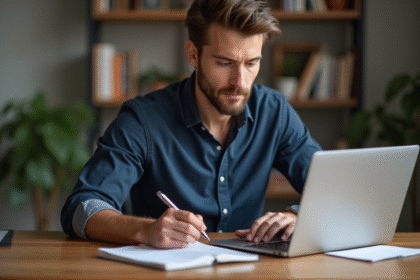 Jeune homme concentré travaillant sur son ordinateur à la maison