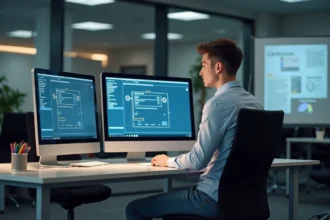 Jeune homme en configuration réseau dans un bureau moderne