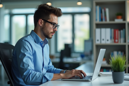 Jeune homme en bureau avec ordinateur et chatbot