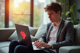 Jeune professionnel regardant un avertissement de sécurité WiFi