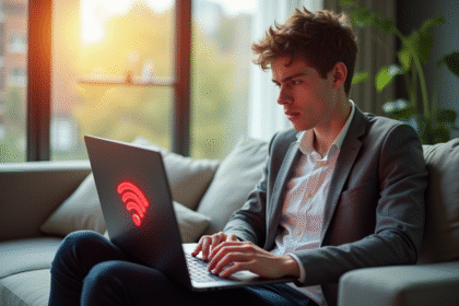 Jeune professionnel regardant un avertissement de sécurité WiFi