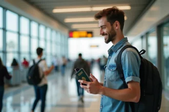 Jeune homme à l'aéroport marocain avec passeport et smartphone