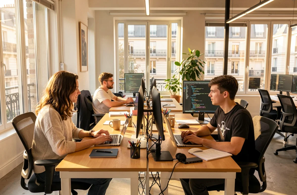 Jeunes développeurs en alternance travaillant ensemble dans un bureau d'entreprise