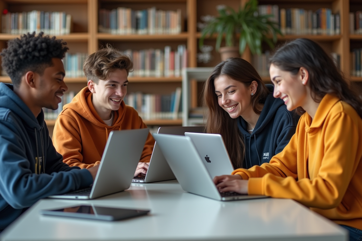 Groupe d adolescents discutant autour d une table dans une bibliothèque moderne