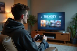 Jeune homme tenant une manette de jeu vidéo assis sur un canapé devant une console de salon