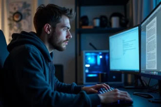 Joueur adulte rédigeant un appel de bannissement Activision sur son PC gaming dans un bureau à domicile