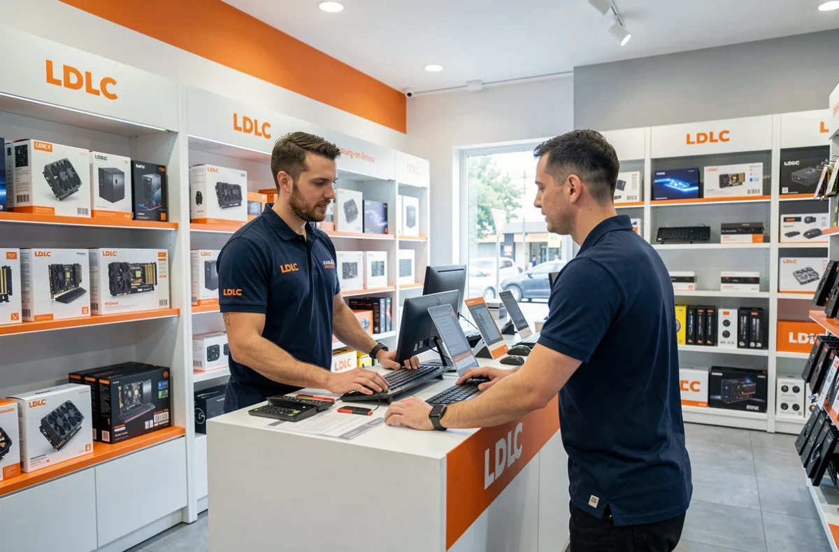 Technicien LDLC Bourg-en-Bresse conseillant un client au comptoir de service et réparation informatique