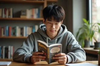 Jeune homme lisant un manga sur son bureau à domicile, entouré d'une bibliothèque remplie de volumes de mangas