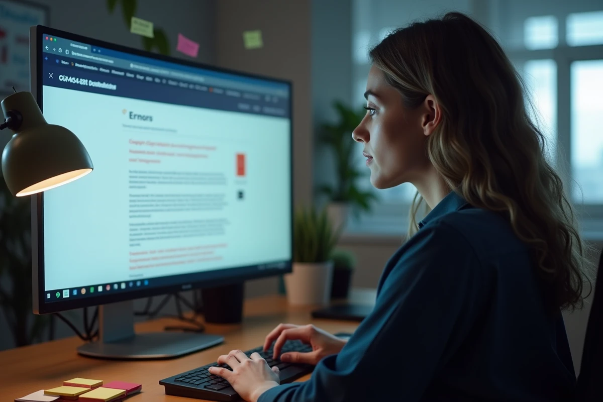 Femme face à un lien de téléchargement cassé pour Windows 7 sur un ordinateur de bureau en environnement informatique
