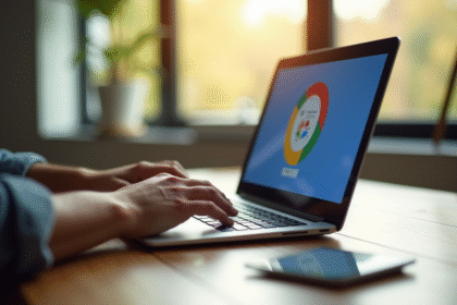 Main tenant un ordinateur portable avec animation Google sur l'écran