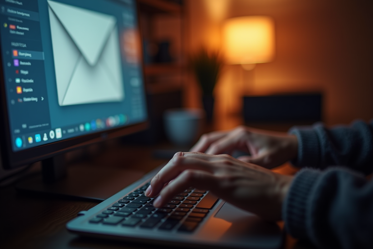 Mains tapant sur un clavier avec une boîte mail à l