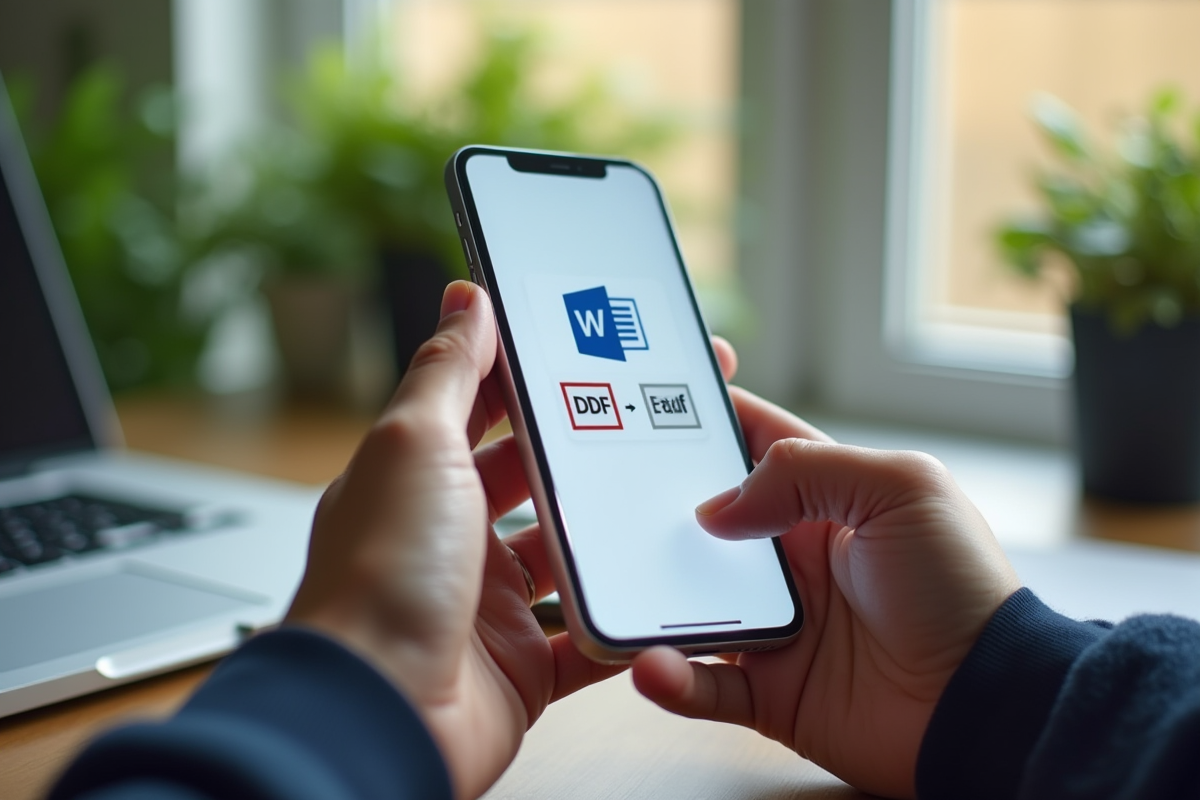 Mains tenant un smartphone avec une application de conversion de fichiers