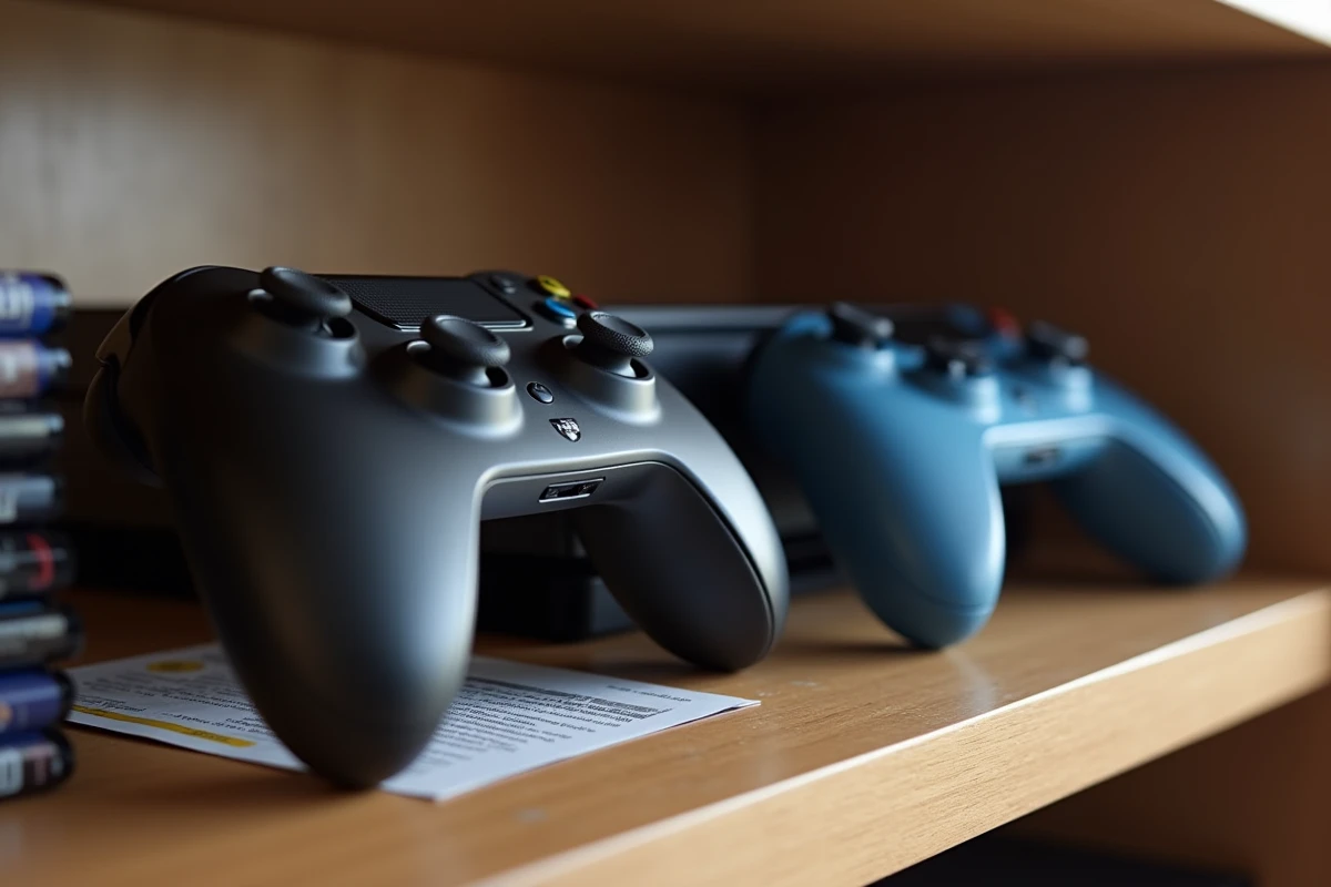 Deux manettes de console de jeux posées sur une étagère avec un document d'abonnement gaming en dessous