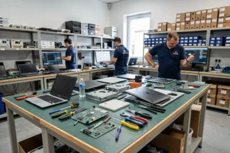 Atelier professionnel de réparation d'ordinateurs dans l'Ain avec techniciens au travail sur des postes de réparation