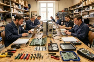 Vue générale d'un atelier de réparation informatique en Meurthe-et-Moselle avec des techniciens au travail