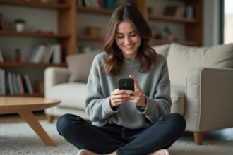 Jeune femme configurant une sonnerie sur son iPhone sans ordinateur depuis son canapé