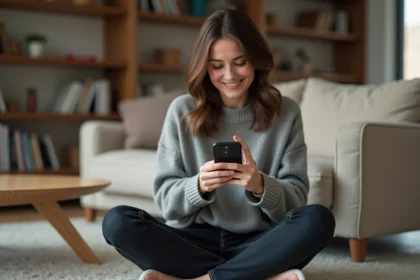 Jeune femme configurant une sonnerie sur son iPhone sans ordinateur depuis son canapé