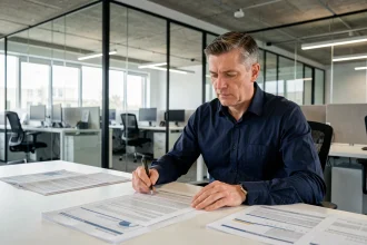Professionnel IT analysant des documents de migration logicielle dans un bureau d'entreprise moderne