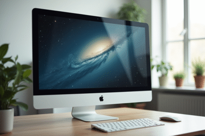 Moniteur d'ordinateur moderne affichant un flux 1080p dans un bureau lumineux