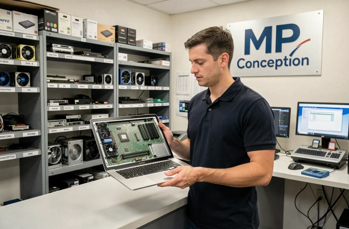 Technicien de MP Conception tenant un ordinateur portable ouvert dans son atelier de réparation informatique