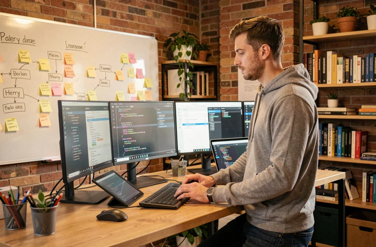 Développeur logiciel de Ngassamrod Consulting travaillant sur du code backend dans un bureau créatif à Cergy