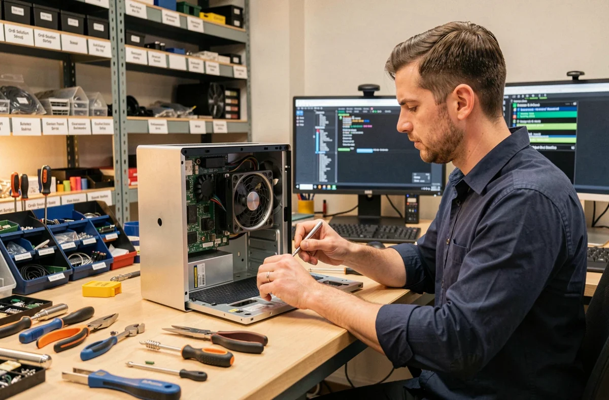 Technicien d'Ordi-Solution réparant un ordinateur tout-en-un dans son atelier informatique bien équipé