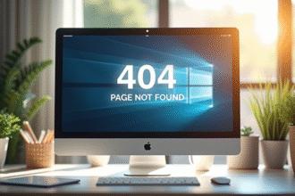 Ecran d'ordinateur affichant une erreur 404 sur un bureau lumineux