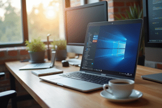 Ordinateur portable moderne sur un bureau en bois lumineux avec Word et PDF