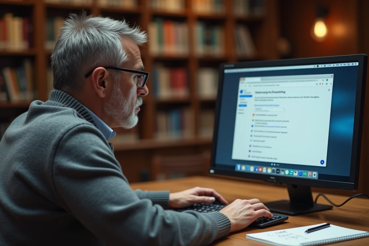 Homme paramétrant un compte mail Strasbourg sur Thunderbird dans une bibliothèque publique