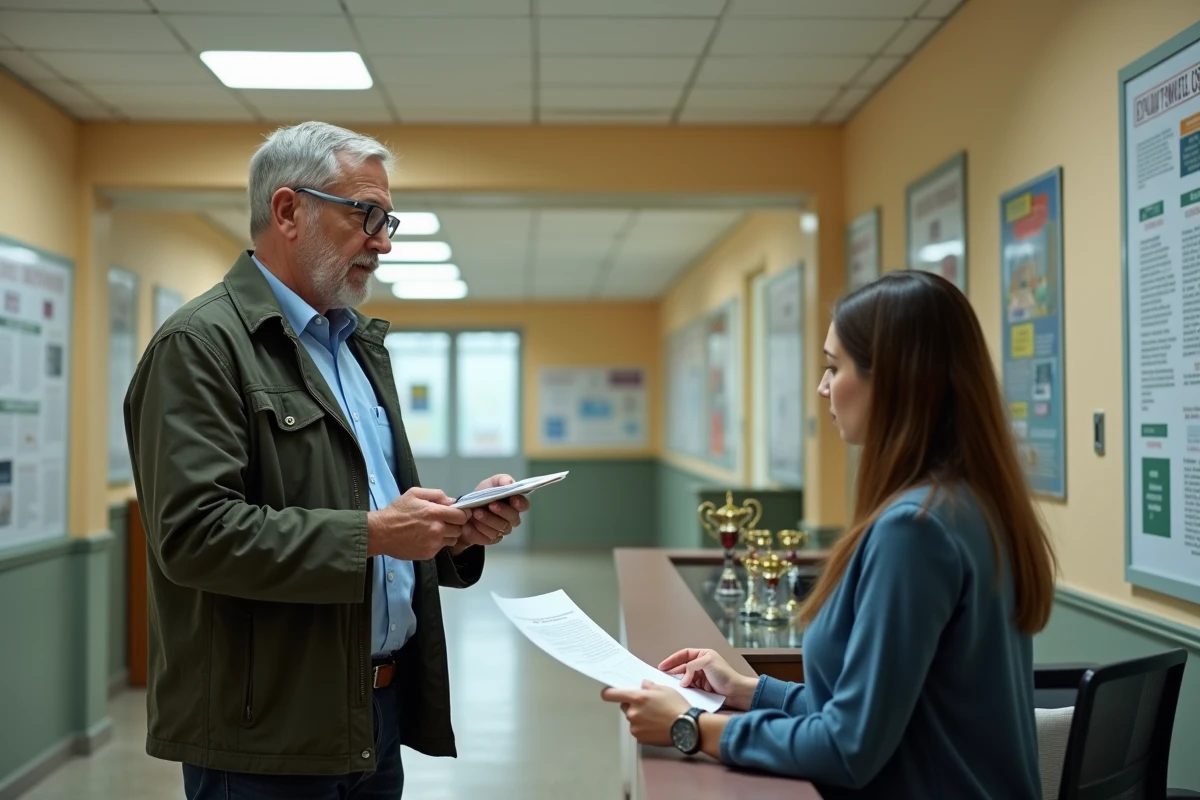 Parent d'élève discutant avec une secrétaire scolaire d'un document administratif lié au changement de plateforme Oze 92 en ENC Hauts-de-Seine dans un établissement scolaire