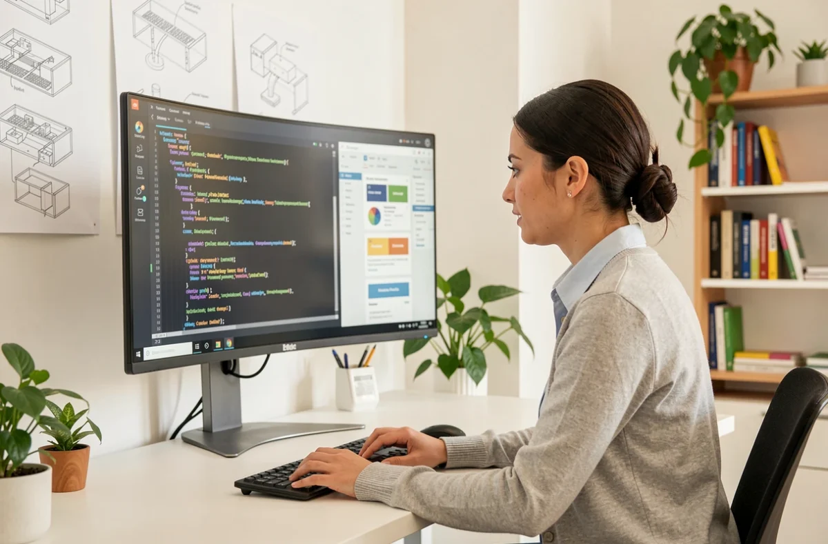 Développeuse de Parhelia éditeur logiciel travaillant sur du code et des maquettes UI dans les bureaux de Cergy