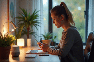 Personne utilisant un smartphone avec un assistant vocal Google Home