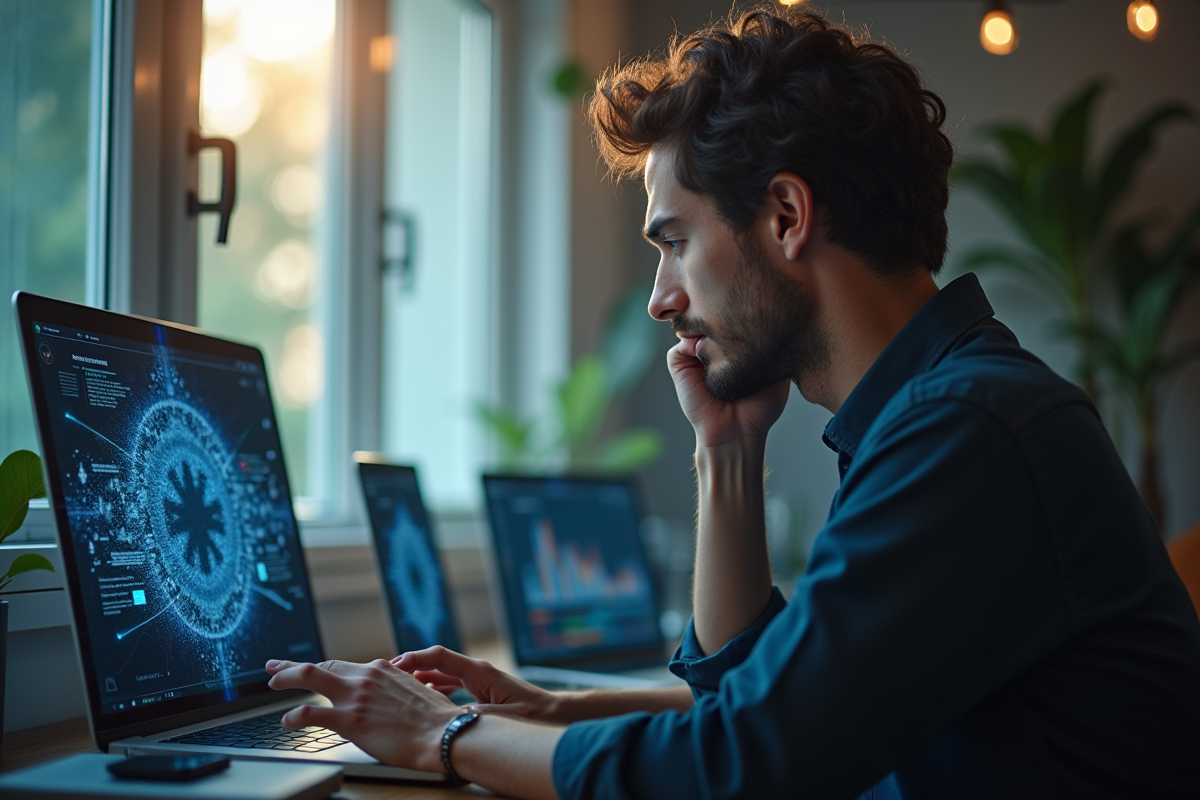 Personne réfléchissant avec appareils connectés et flux de données holographiques