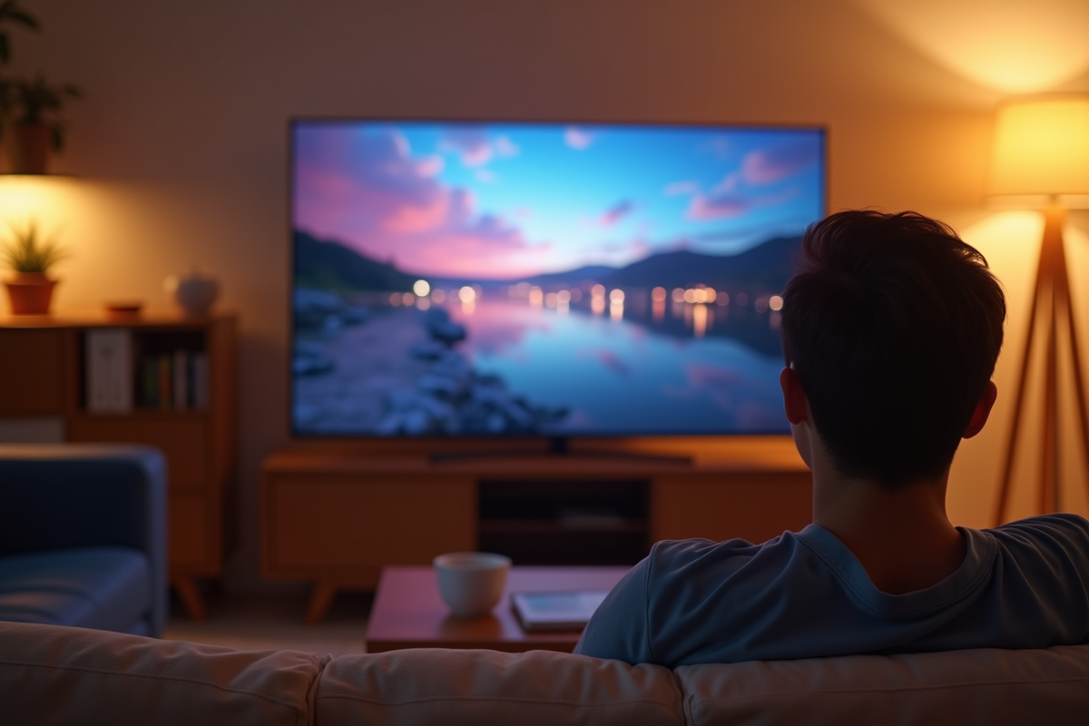 Personne détendue regardant une vidéo 1080p sur une grande télévision dans un salon