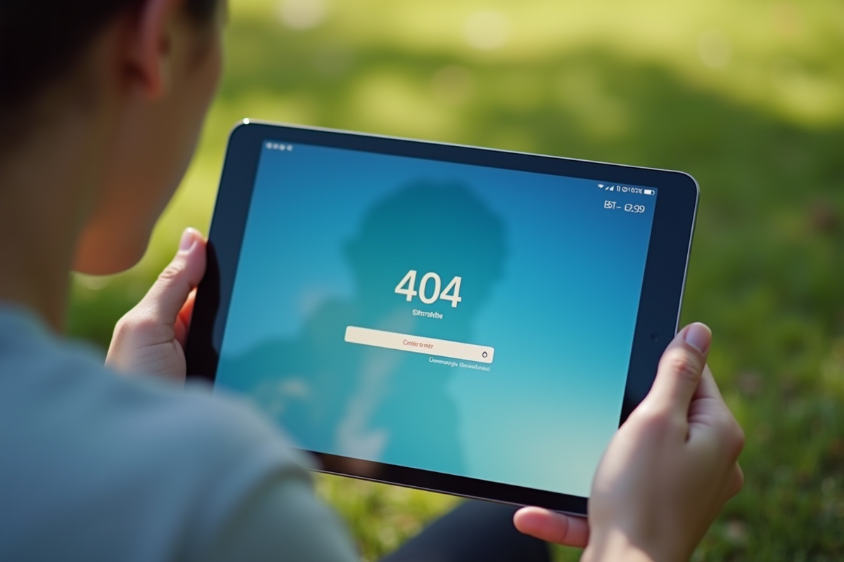 Personne utilisant une tablette en extérieur avec erreur 404 affichée