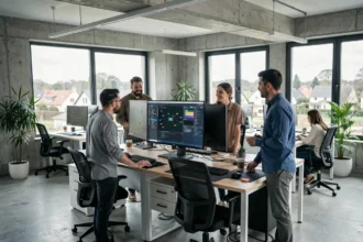 Équipe de prestataires informatiques professionnels au travail dans un open space moderne du Val-d'Oise
