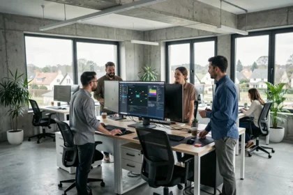 Équipe de prestataires informatiques professionnels au travail dans un open space moderne du Val-d'Oise