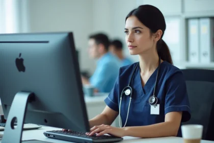 Médecin femme découvrant le logiciel de messagerie Zimbra sur un poste informatique du CHU de Reims lors de sa prise de poste