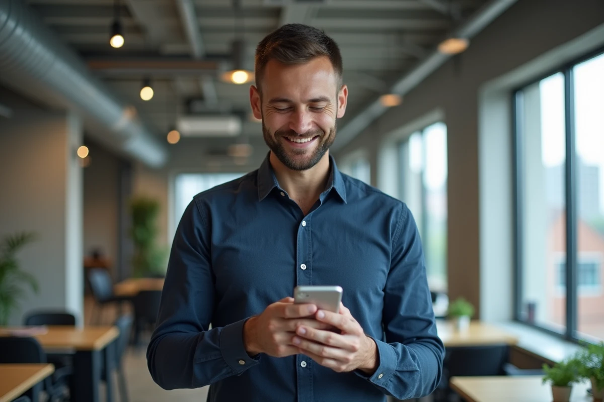 Homme professionnel utilisant un outil de navigation de profils Instagram sur smartphone dans un espace de coworking