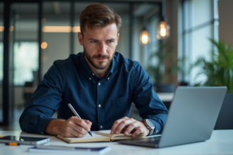 Homme en chemise bleue examine des consignes de cybersécurité