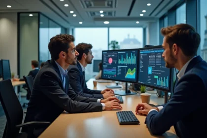 Groupe de professionnels français en réunion au bureau