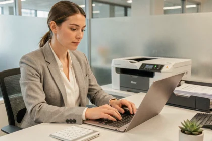 Femme au bureau utilisant des raccourcis clavier pour imprimer rapidement des documents professionnels