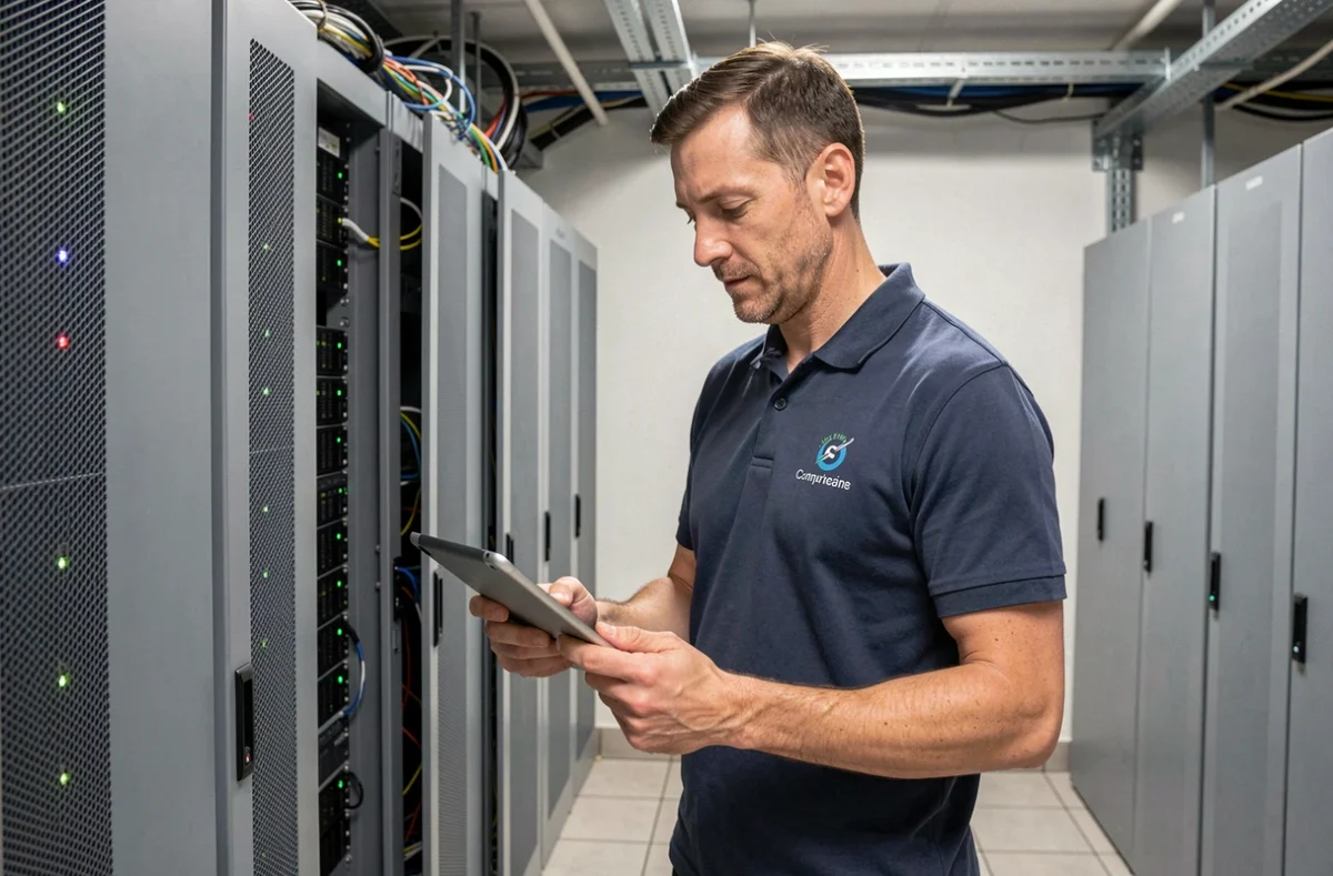 Technicien infogérant de RDEM Systems effectuant une maintenance sur rack serveur à Pontoise
