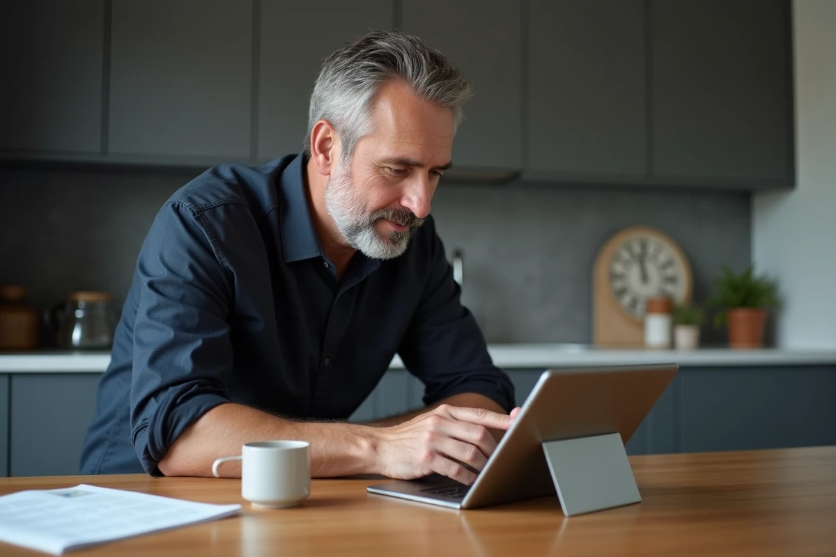 Homme configurant une tablette dans une cuisine moderne avec une fiche de guide imprimée