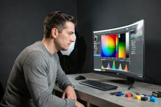 Homme réglant les paramètres d'un écran OLED 1440p avec un logiciel de calibration colorimétrique dans un studio moderne