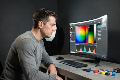Homme réglant les paramètres d'un écran OLED 1440p avec un logiciel de calibration colorimétrique dans un studio moderne