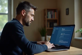 Homme utilisant les paramètres de sécurité Windows Defender sur un ordinateur portable dans un bureau à domicile
