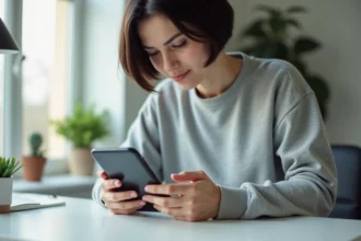 Femme réinitialisant son smartphone assis à un bureau minimaliste blanc