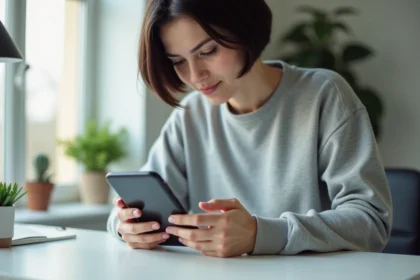 Femme réinitialisant son smartphone assis à un bureau minimaliste blanc