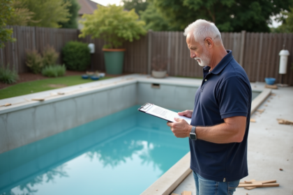 Homme d'âge moyen vérifiant un devis pour piscine en rénovation